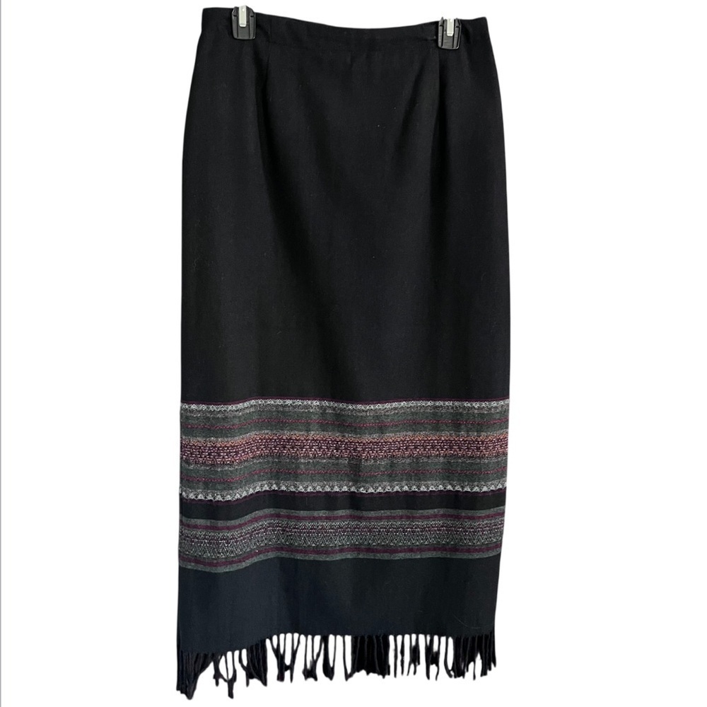 Vintage Cabincore Wool Blend Fringe Maxi Skirt Plaid and Black size M